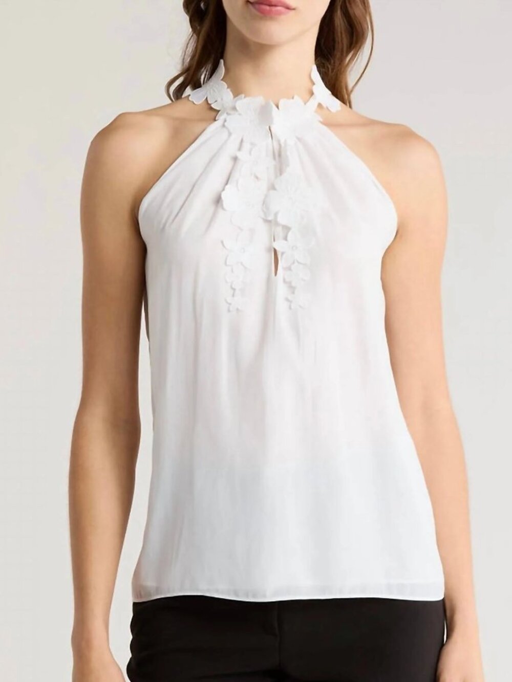 Ramy Brook White Sleeveless Top with Floral Appliqué